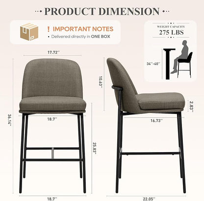 COLAMY Counter Height Bar Stools Set of 2, 25 Inch Modern Fabric Kitchen Island Stools with Back, Upholstered Counter Barstools Armless Bar Chairs with Metal Legs for Island Dining Room Bar,Brown