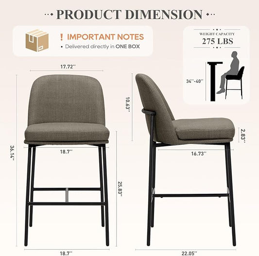 COLAMY Counter Height Bar Stools Set of 2, 25 Inch Modern Fabric Kitchen Island Stools with Back, Upholstered Counter Barstools Armless Bar Chairs with Metal Legs for Island Dining Room Bar,Brown
