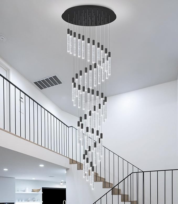 20 foot 48-lights Chandeliers for Living Room Entryway High Ceiling Light Chandelier LED Crystal Pendants Light Sloped Ceiling Chandeliers Staircase Lighting Fixture LED Dimmable Lighting Black