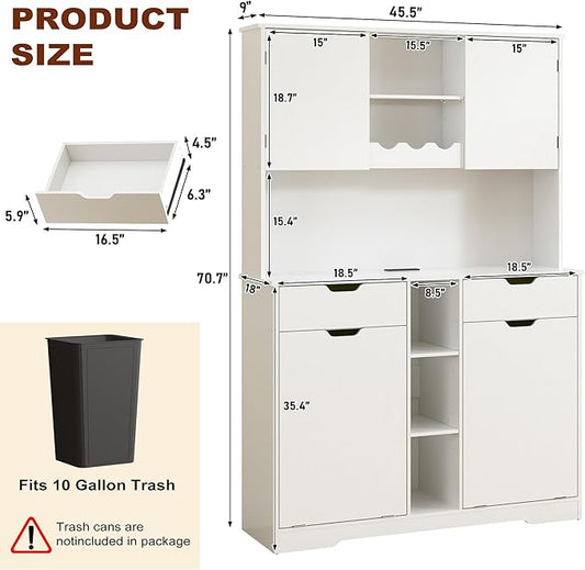 71"H Kitchen Pantry Storage Cabinet with Power Outlets and Two Drawers,10X2 Gallon Kitchen Hidden Double Tilt Out Trash Can Cabinet with Trash Bin Storage Holders,Laundry Hamper Cabinets(White)