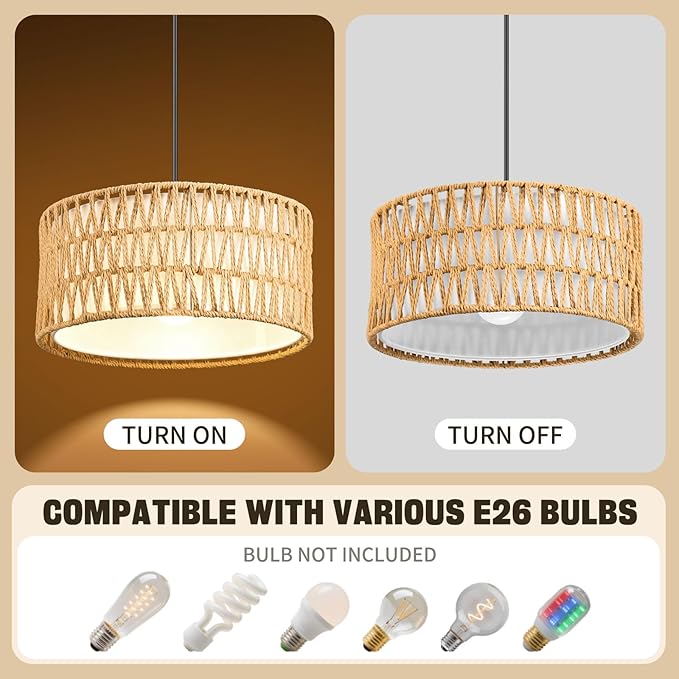 Pendant Lights, Plug in Pendant Light, Hanging Lamp, Boho Lamp, Woven Rattan Pendant Lamp Shade for Kitchen Island, Modern Farmhouse Chandelier Light Fixtures (Bohemian 2)