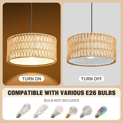 Pendant Lights, Plug in Pendant Light, Hanging Lamp, Boho Lamp, Woven Rattan Pendant Lamp Shade for Kitchen Island, Modern Farmhouse Chandelier Light Fixtures (Bohemian 2)
