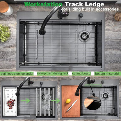 33 Inch Black Kitchen Sink Drop In, 33x22 Drop In Kitchen Sink Single Bowl Black 16 Gauge Stainless Steel Workstation Sink Deep Topmount with Offset Drain
