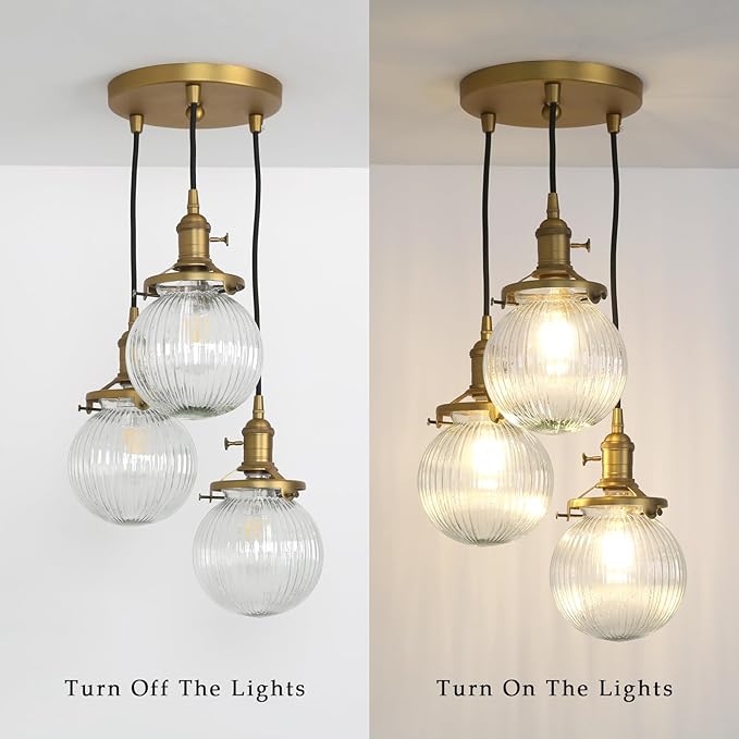 Phansthy Kitchen Island Lighting, 3 Lights Linear Chandeliers, Hanging Light with 5.9" Globe Striped Glass Shade, 3-Light Pendant Light Fixtures for Dining Room Farmhouse (Antique Gold, Round Base)