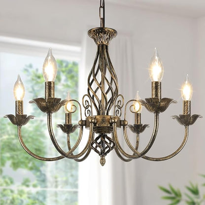 6-Light Farmhouse Candle Chandelier for Living Room, Rustic Industrial Pendant Ceiling Light fixture, Vintage Ceiling Hanging Lamp for Bedroom Hallway Kitchen Dining Room Foyer, Brown E12 Socket