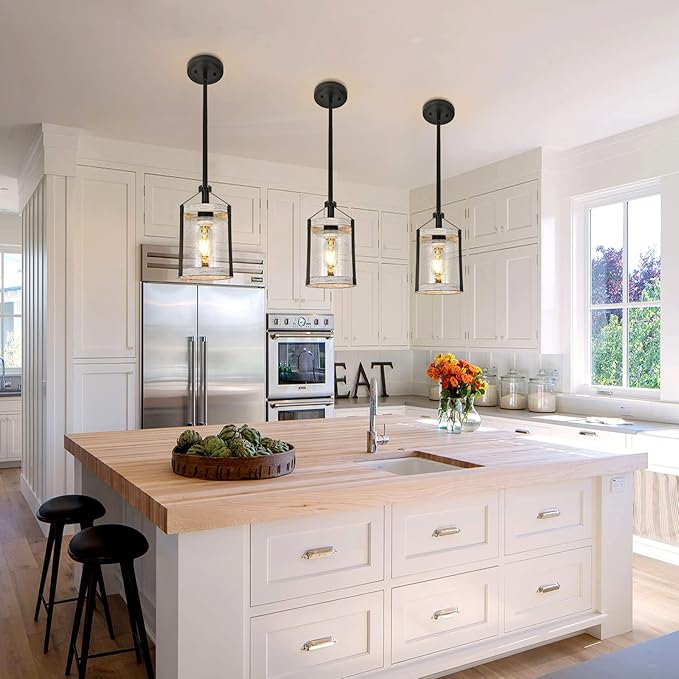 Farmhouse Pendant Light, Seeded Glass Kitchen Light with Metal Cage, Rustic Hanging Pendant Lighting Fixture with Distressed Wood Finish, Modern Farmhouse Island Light for Dining Room, Foyer