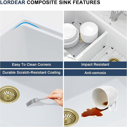 Lordear 33 Inch Granite Composite Kitchen Sink Double Bowl 33"X19" White Undermount 50/50 Workstation Quartz Sink With Ledge Classic Under Counter Basin
