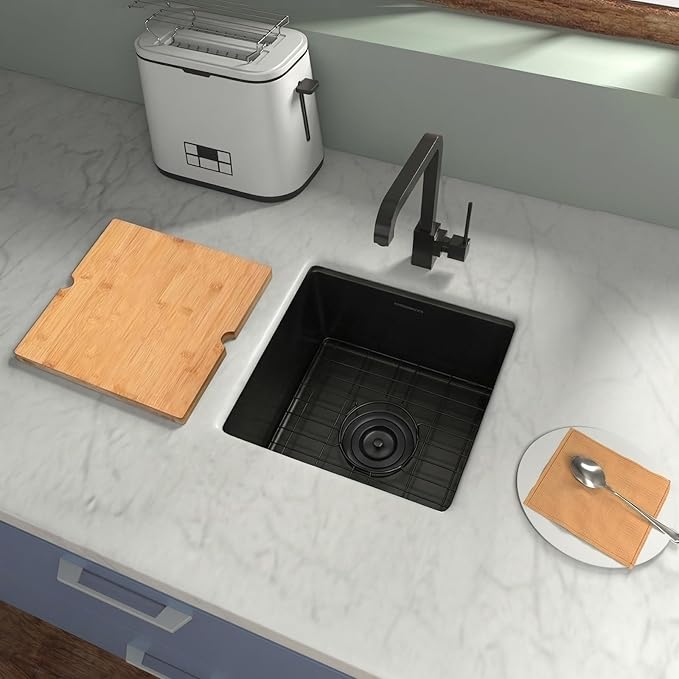 Black Undermount Bar Sink,16 Gauge 304S Stainless Steel Undermount Kitchen Sinks,15 Inch Workstation Sink with Full Accessories, 15" x 15" x 10" Small Kitchen Sink for RV,Outdoor,Camper