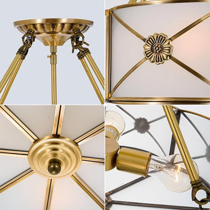 17" Palace Retro Chandelier, 4-Light Vintage Flush Mount Ceiling Lighting Fixture, Farmhouse Gorgeous Gold Metal Pendant Lamp for Dining Room Bedroom Kitchen Island Hallway