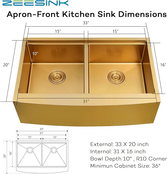 Gold Farmhouse Sink 33" X 20",Gold Kitchen Sink Double Bowl,33 inch Apron-Front Farmhouse Workstation Sinks,16 Gauge Stainless Steel Double Kitchen Sink