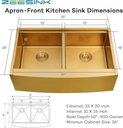 Gold Farmhouse Sink 33" X 20",Gold Kitchen Sink Double Bowl,33 inch Apron-Front Farmhouse Workstation Sinks,16 Gauge Stainless Steel Double Kitchen Sink