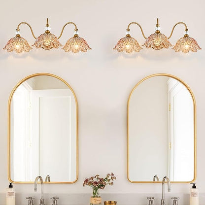 Vintage Bathroom Vanity Light, 3-Light Matte Brass Finish Vanity Light with Flower-Shaped Amber Glass Shades, Retro Wall Sconce for Bathroom, Dressing Table