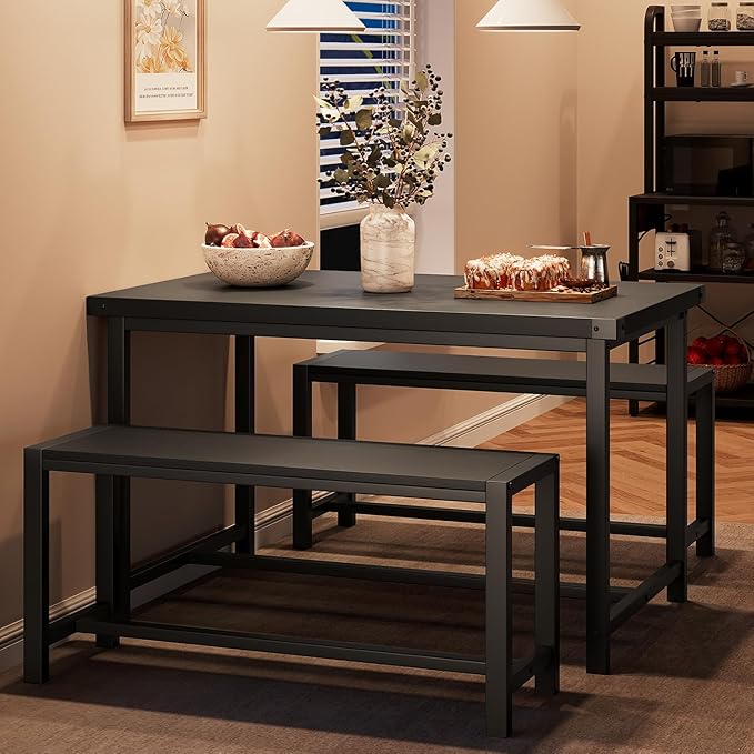 CABIHOME Dining Table Set for 4 with 2 Benches, Kitchen Table Set for 4-6 with Corner Protector, Dining Table and 2 Benches with H-Shaped Frame for Small Space, Kitchen, Apartment，Black