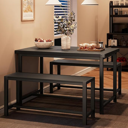 CABIHOME Dining Table Set for 4 with 2 Benches, Kitchen Table Set for 4-6 with Corner Protector, Dining Table and 2 Benches with H-Shaped Frame for Small Space, Kitchen, Apartment，Black