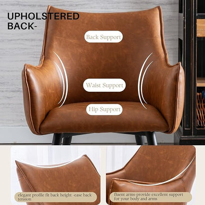 Brown PU Leather Chair, Upholstered Dining Room Chairs with Arms Set of 4 Mid Century Modern Kitchen Chair with Black Metal Legs Comfy Desk Armchair for Restaurant