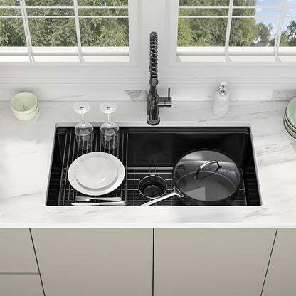 33 Inch Matte Black Workstation Kitchen Sink - Premium NANO-PVD Coated Undermount Sink, 16 Gauge Deep Single Bowl with Accessory Ledge & Round Corner, Fits 36” Cabinet (33"x19"x10")