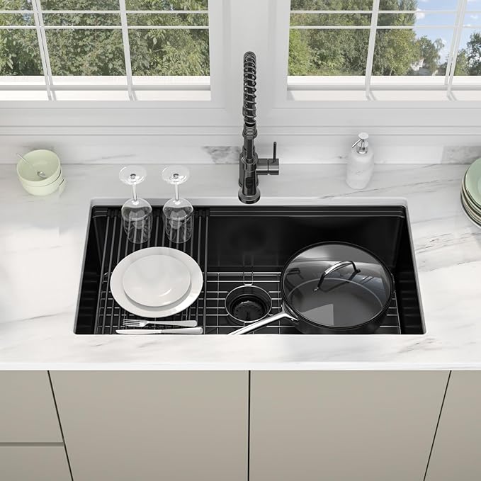 30 Inch Matte Black Workstation Kitchen Sink - Premium NANO-PVD Coated Undermount Sink, 16 Gauge Deep Single Bowl with Accessory Ledge & Round Corner, Fits 33" Cabinet (30"x19"x10")