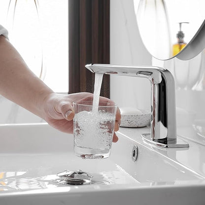 BWE Automatic Motion Sensor Touchless Bathroom Sink Faucet Electronic Infrared Hands Free Commercial Vanity Faucets Battery or Plug-in Powered,with Control Box and Temperature Mixer,Polished Chrome