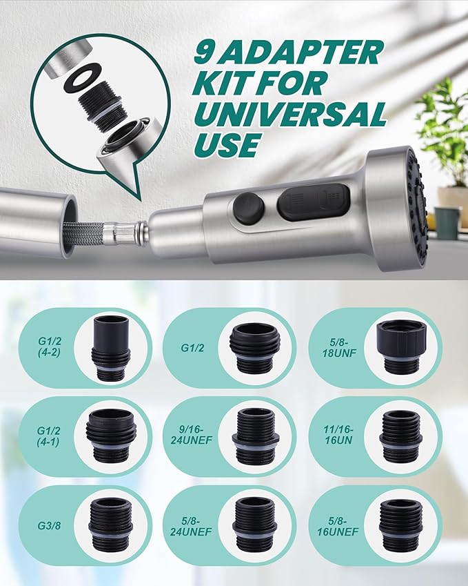 Pull Down Faucet Head Replacement: 3-Function Kitchen Faucet Sprayer Head Replacement with 9 Adapters - Chrome Sink Spray Nozzle Compatible with Moen, Delta, American Standard Faucets