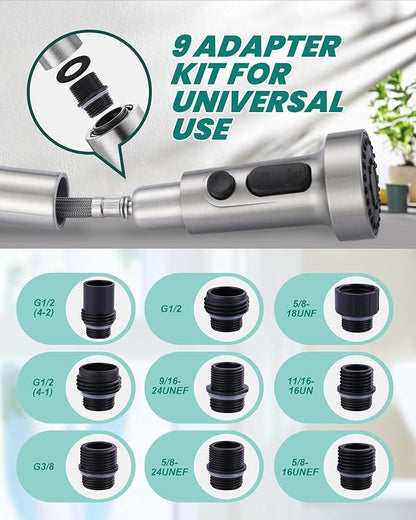 Pull Down Faucet Head Replacement: 3-Function Kitchen Faucet Sprayer Head Replacement with 9 Adapters - Chrome Sink Spray Nozzle Compatible with Moen, Delta, American Standard Faucets