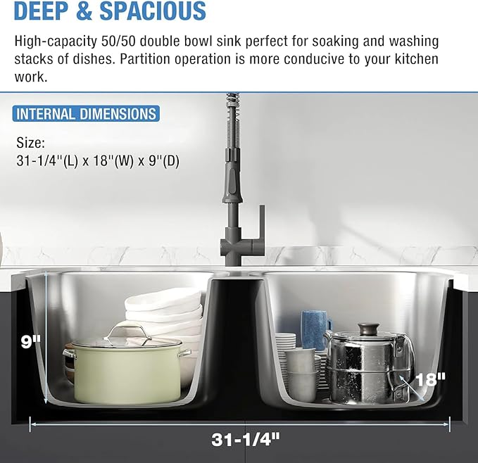 Kitchen Sink, Double Bowl 304 Stainless Steel Sinks,Nano Workstation Sink with Accessories for Modern (31-1/4” L x 18” W x 9” D)