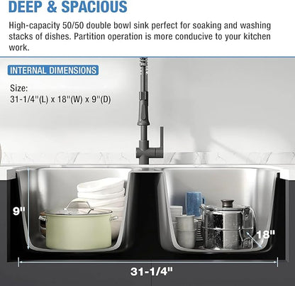 Kitchen Sink, Double Bowl 304 Stainless Steel Sinks,Nano Workstation Sink with Accessories for Modern (31-1/4” L x 18” W x 9” D)