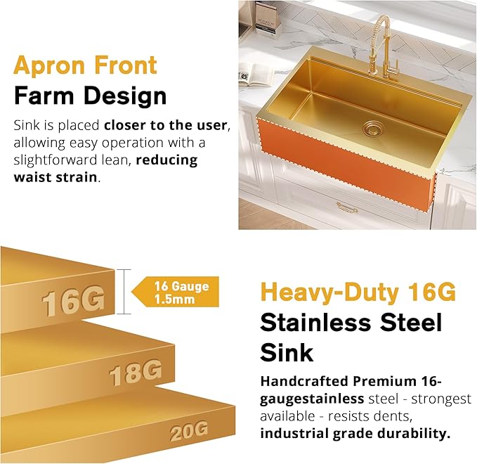 30 Inch Farmhouse Gold Sink, 16 Gauge 304 Stainless Steel Farm Sinks, Drop In Topmount Single Bowl Workstation Sink with all Accessories, 30" x 22" x 10" Large and Deep Kitchen Sink