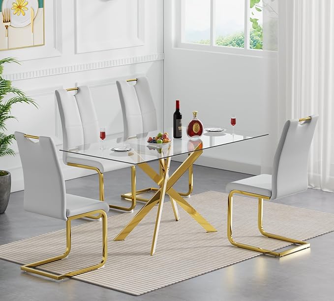 51.2'' Glass Dining Table for 4, Rectangular Dining Room Table for 4, X-Shape Gold Metal Legs, Kitchen Dining Room Living Room Glass Top Kitchen Table for 2