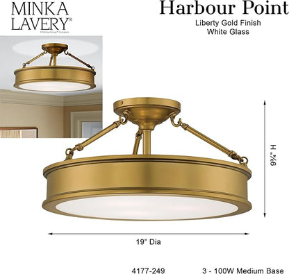 Minka Lavery 4177-249 Harbour Point Semi-Flush, 3-Light, 300 Total Watts, 19-in H x 9.75-in W, Liberty Gold