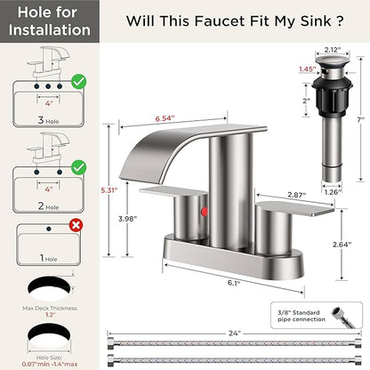 FORIOUS Brushed Nickel Bathroom Sink Faucet, Waterfall 4 Inch Centerset Bathroom Faucets with Metal Pop up Drain and cUPC Hose for Basin, Vanity, RV, Pedestal 2 or 3 Hole Sink