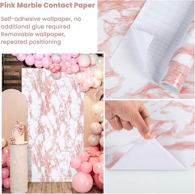 practicalWs White/Pink Marble Contact Paper Granite Peel and Stick Countertops Self-Adhesive Wallpaper Cabinets Drawer Shelf Wall Crafts Wall Paper Decorations 17.7 in x 393.7 in