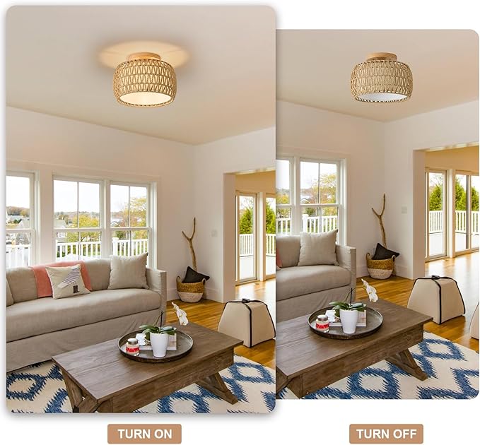 2 Packs Boho Rattan Flush Mount Ceiling Lights 12 Inch Farmhouse Ceiling Light Fixtures Rustic Wicker Hand Woven Rope Cage for Dining Room Kitchen Bedroom Foyer Hallway Entryway