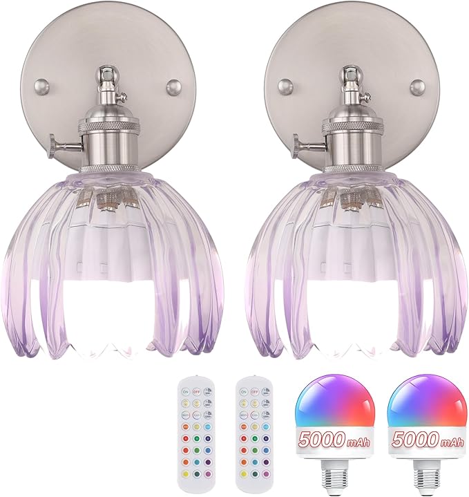 Shenmoyl Vintage Wall Sconce Set of 2 - Rechargeable Battery Powered with Remote Control, Translucent Purple Tulip Glass Shade (5000mAh) for Bedroom/Doorway