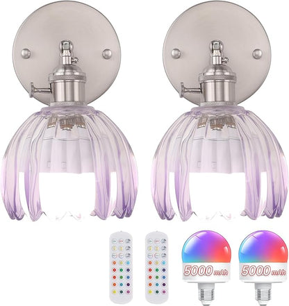 Shenmoyl Vintage Wall Sconce Set of 2 - Rechargeable Battery Powered with Remote Control, Translucent Purple Tulip Glass Shade (5000mAh) for Bedroom/Doorway