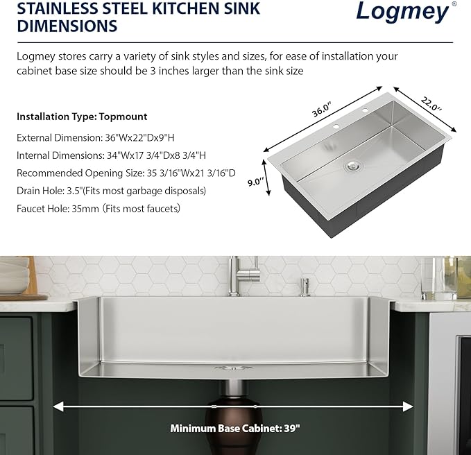36x22 Drop in Kitchen Sink 36 Inch Stainless Steel Sinks 16 Guage 304 Single Bowl 9'' Deep Sinks with Drain Assembly LMT36229