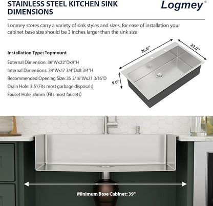 36x22 Drop in Kitchen Sink 36 Inch Stainless Steel Sinks 16 Guage 304 Single Bowl 9'' Deep Sinks with Drain Assembly LMT36229