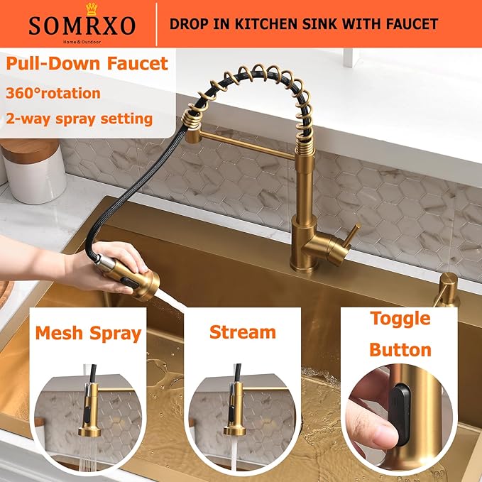 36×22 Drop In Kitchen Sink with Faucet Combo-Stainless Steel Gold Drop In Sink with Cup Washer, 9 Inch Deep Single Bowl Kitchen Sinks and Faucets Combo Set,Top Mount Design for Modern Kitchens