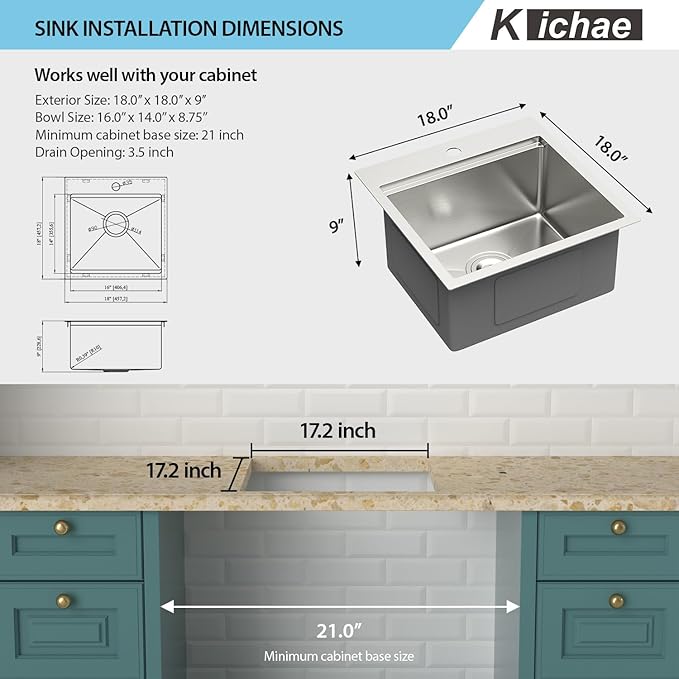 Kichae Drop In Bar Sink- 18 x 18 x 9 Inch Small Overmount Topmount Stainless Steel RV Sink Single Bowl Workstation Wet Bar Prep Kitchen Sinks Patio Handmade Basin with Cutting Board & Rack