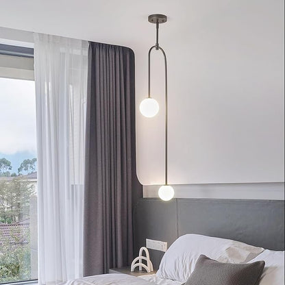 Modern Milk Glass Pendant Light 2 Light Mid Century Chandelier Small Glass Globe Black Pendant Lights for Kitchen Island Bedroom Dining (Metal Tube Removable, 1 Pack)