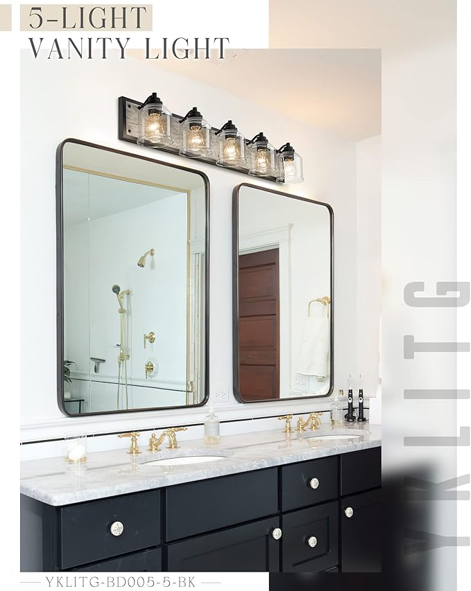 Vanity Lights for Bathroom Large 40", Farmhouse Rustic Vanity Light with Bubble Glass Shades, Gray 5 Light Bathroom Lighting Fixtures Over Mirror, Bath Wall Sconce Home Decor