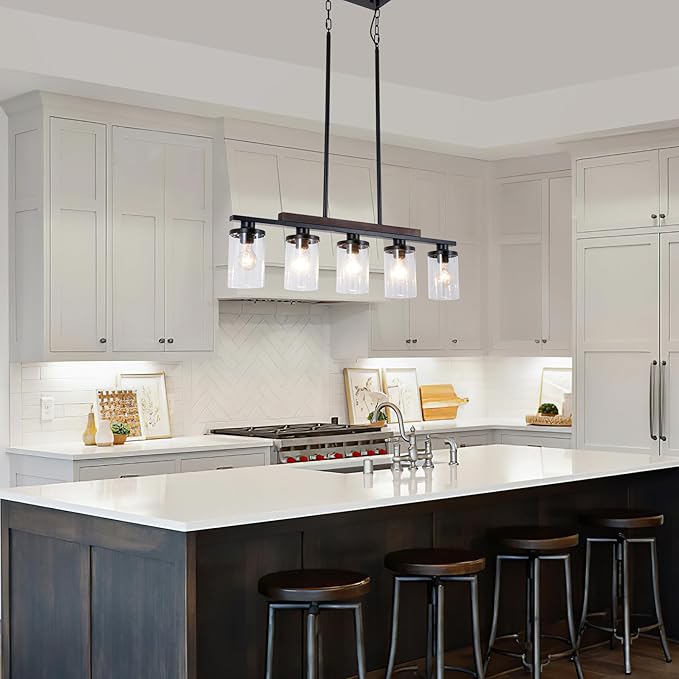 A Million Kitchen Island Lighting, Farmhouse Pendant Lights Kitchen Island, Chandeliers for Dining Room with Glass Shade and Adjustable Rods Pendant Lighting Fixture,E26 Socket (5-Light), Black-5