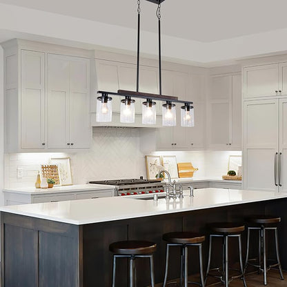 A Million Kitchen Island Lighting, Farmhouse Pendant Lights Kitchen Island, Chandeliers for Dining Room with Glass Shade and Adjustable Rods Pendant Lighting Fixture,E26 Socket (5-Light), Black-5