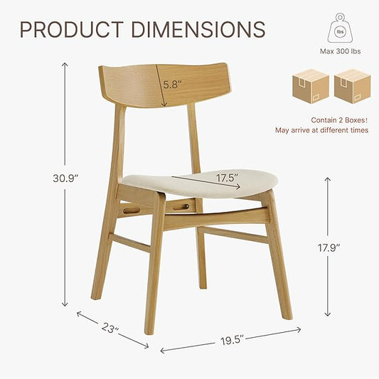 KISLOT Wooden Dining Chairs Set of 4, Upholstered Modern Dining Room Chairs, Mid Century Oak Kitchen Chairs with Curved Wood Backrest for Kitchen, Restaurant, Farmhouse (Cream Fabric & Original Color)
