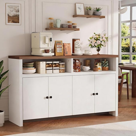 IDEALHOUSE Sideboard Buffet Cabinet with Storage, 55" Large Farmhouse Kitchen Storage Cabinet with 4 Doors & Adjustable Shelves, Wood Coffee Bar Cabinet for Kitchen, Dining Room, Living Room, White