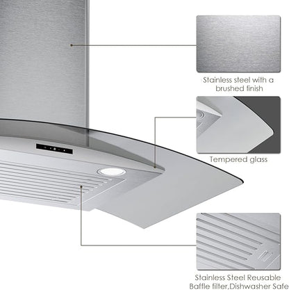 30 Inch Wall Mounted Curved Glass Range Hood with 450 CFM Stainless Steel kitchen Ductless/Ducted Convertible with 3 Speeds Extract Fan & Touch Control