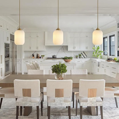 Milk Glass Cylinder Pendant Lights Kitchen Island Small Ribbed Hanging Light Brass Gold Pendant Lighting Fixtures Mid Century Modern Vintage Hanging Lamp (2 Pack)