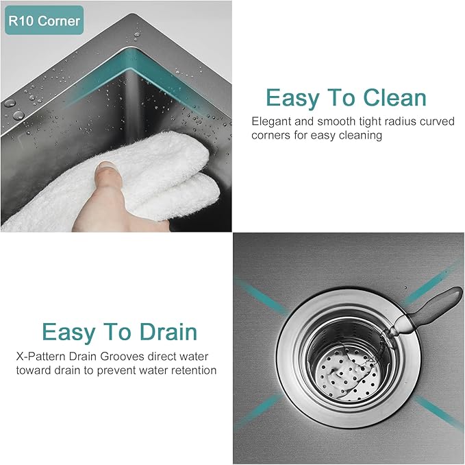 15 inch Bar Sink, KINKIB 15 x 17 inch Undermount Kitchen Bar Sink Single Bowl Black, Handmade T-304 Stainless Steel Bar Sink with Strainer