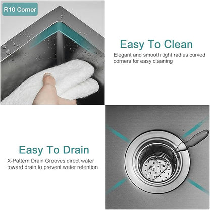 15 inch Bar Sink, KINKIB 15 x 17 inch Undermount Kitchen Bar Sink Single Bowl Black, Handmade T-304 Stainless Steel Bar Sink with Strainer