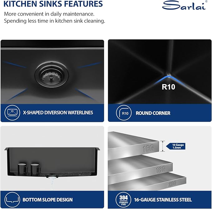 Sarlai 32 Matte Black Undermount Kitchen Sink - 32x19 Inch Kitchen Sink Undermount with Ledge NANO-Tech Round Corner 16 Gauge Stainless Steel Single Bowl Sinks Basin