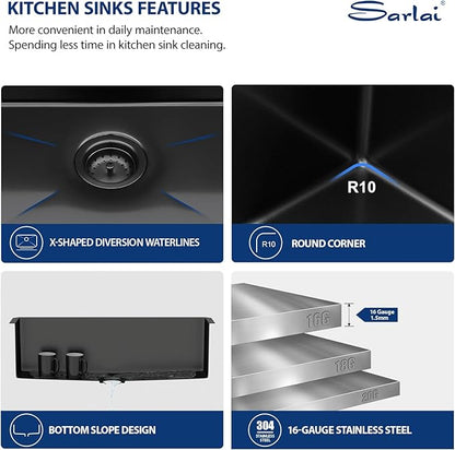 Sarlai 32 Matte Black Undermount Kitchen Sink - 32x19 Inch Kitchen Sink Undermount with Ledge NANO-Tech Round Corner 16 Gauge Stainless Steel Single Bowl Sinks Basin
